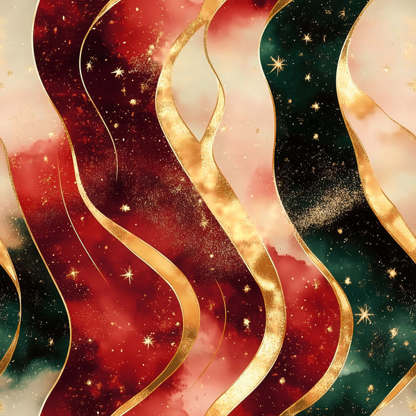 deep red, burgundy, forest green, gold, champagne, glitter, sparkle, elegant, luxury, festive, holiday, christmas, celestial, stars, wavy stripes, abstract, modern, sophisticated, glamorous, metallic accents, winter, special occasion, formal, shimmer, flowing, decorative, premium quality, rich colors, dimensional design