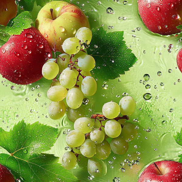 fresh fruits, green grapes, red apples, strawberries, water droplets, vibrant green, bright red, yellow highlights, realistic photography, juicy appearance, grape clusters, vine leaves,, fabric panel, fresh produce, summer fruits, botanical design, nature pattern, wet fruit, garden harvest