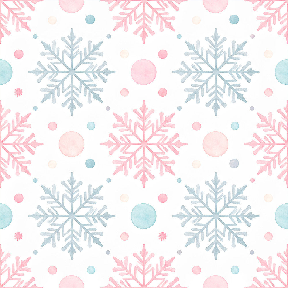pale pink, dusty blue, soft blue, blush pink, light blue, winter, holiday, christmas, snowflake, geometric, modern, elegant, whimsical, frozen, snow theme, winter wonderland, nursery, baby, children, kids, sparkle, delicate, pastel, soft colors, magical, festive, seasonal, decorative circles, intricate details