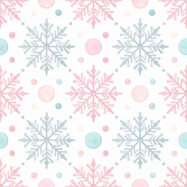 pale pink, dusty blue, soft blue, blush pink, light blue, winter, holiday, christmas, snowflake, geometric, modern, elegant, whimsical, frozen, snow theme, winter wonderland, nursery, baby, children, kids, sparkle, delicate, pastel, soft colors, magical, festive, seasonal, decorative circles, intricate details