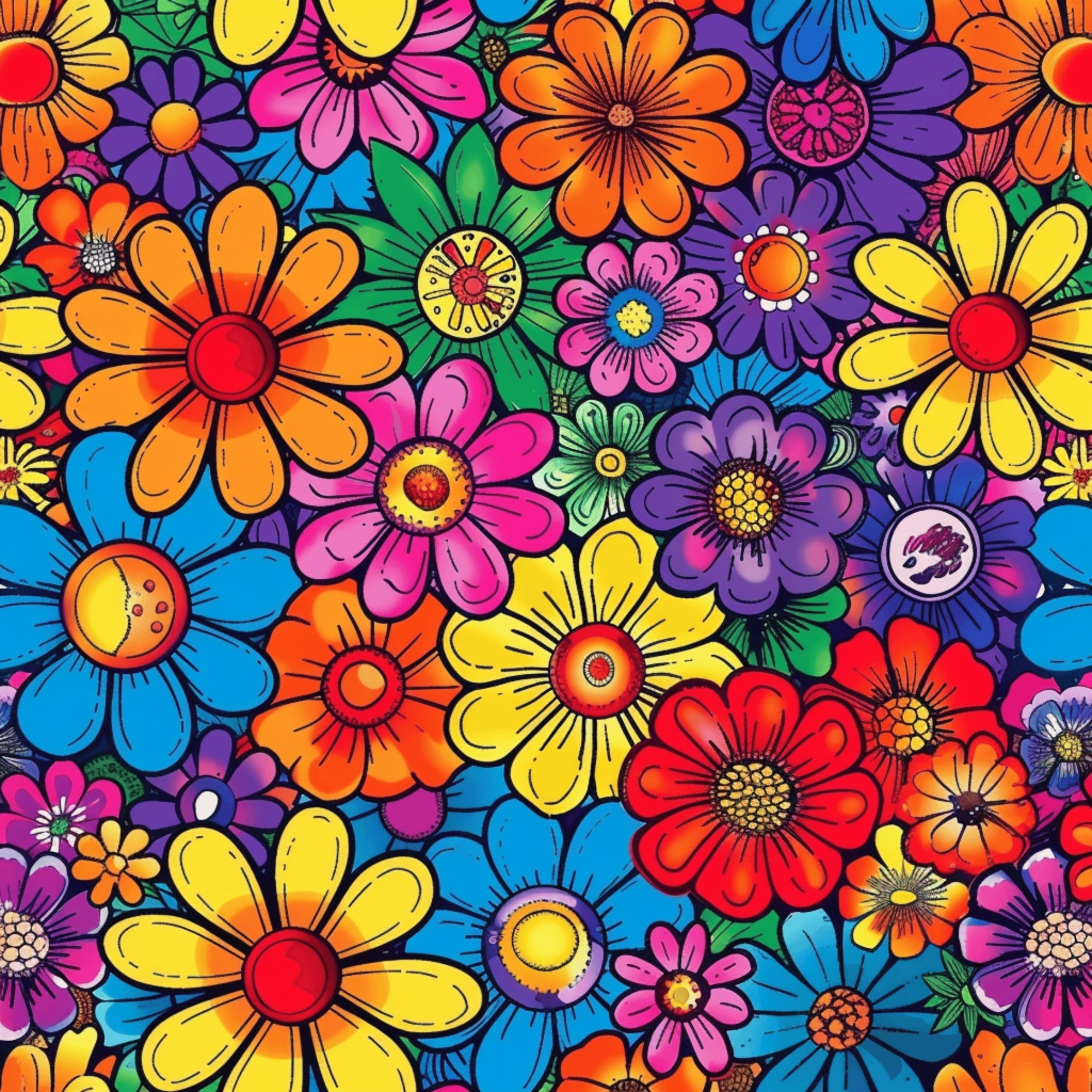 rainbow colors, hippie flowers, psychedelic blooms, vibrant petals, orange flowers, purple flowers, yellow flowers, pink flowers, blue flowers, red flowers, green leaves, floral pattern, retro style, 1960s aesthetic, groovy design, colorful daisies, flower power,, fabric panel, bright colors, saturated hues, packed floral motifs