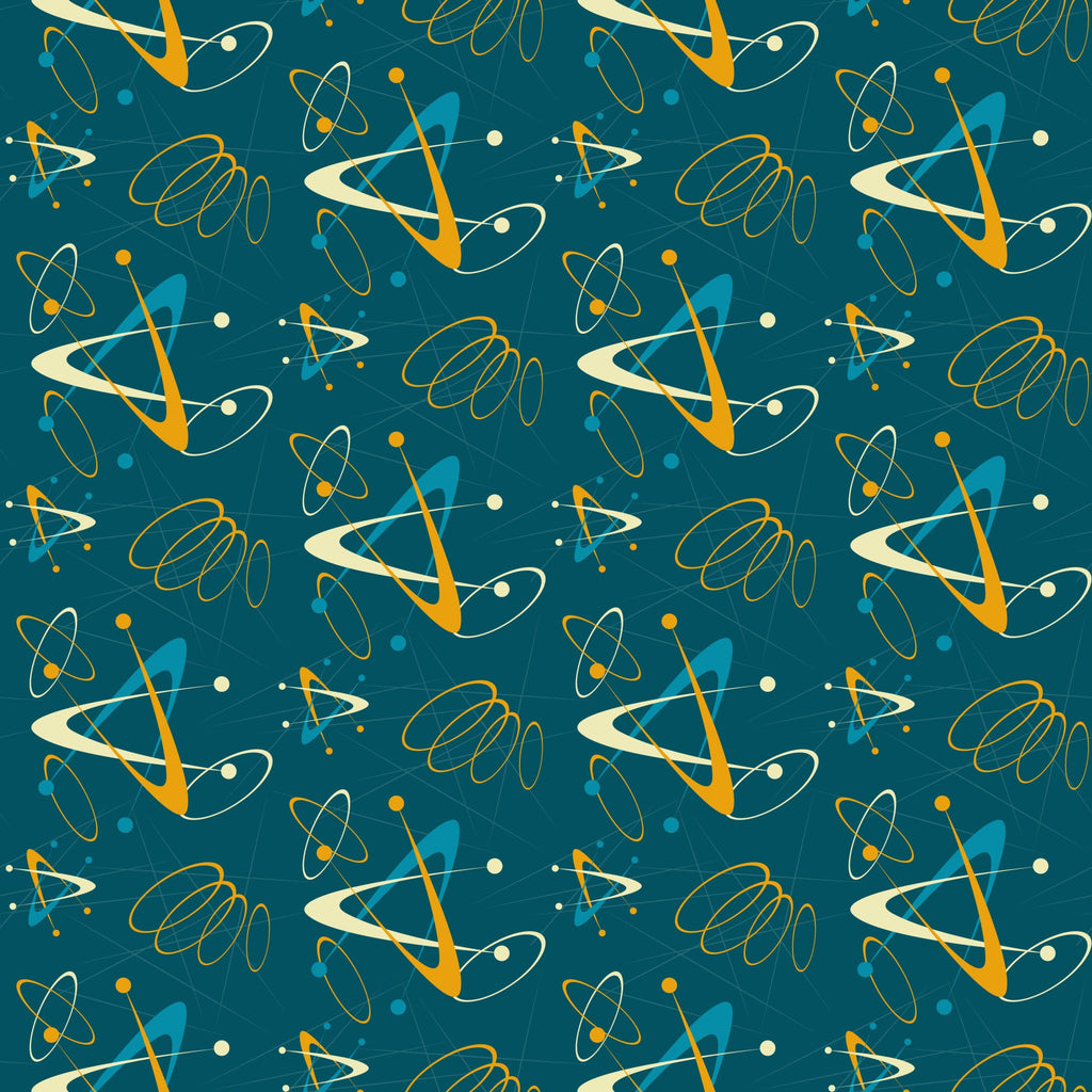 atomic pattern, starbursts, mid-century modern, retro design, teal background, orange accents, yellow dots, cream spirals, geometric shapes, orbital rings, space age, atomic symbols, boomerang shapes,, fabric panel, 1950s style, modern aesthetic, scattered motifs, turquoise blue, vintage inspired