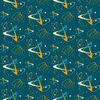 atomic pattern, starbursts, mid-century modern, retro design, teal background, orange accents, yellow dots, cream spirals, geometric shapes, orbital rings, space age, atomic symbols, boomerang shapes,, fabric panel, 1950s style, modern aesthetic, scattered motifs, turquoise blue, vintage inspired