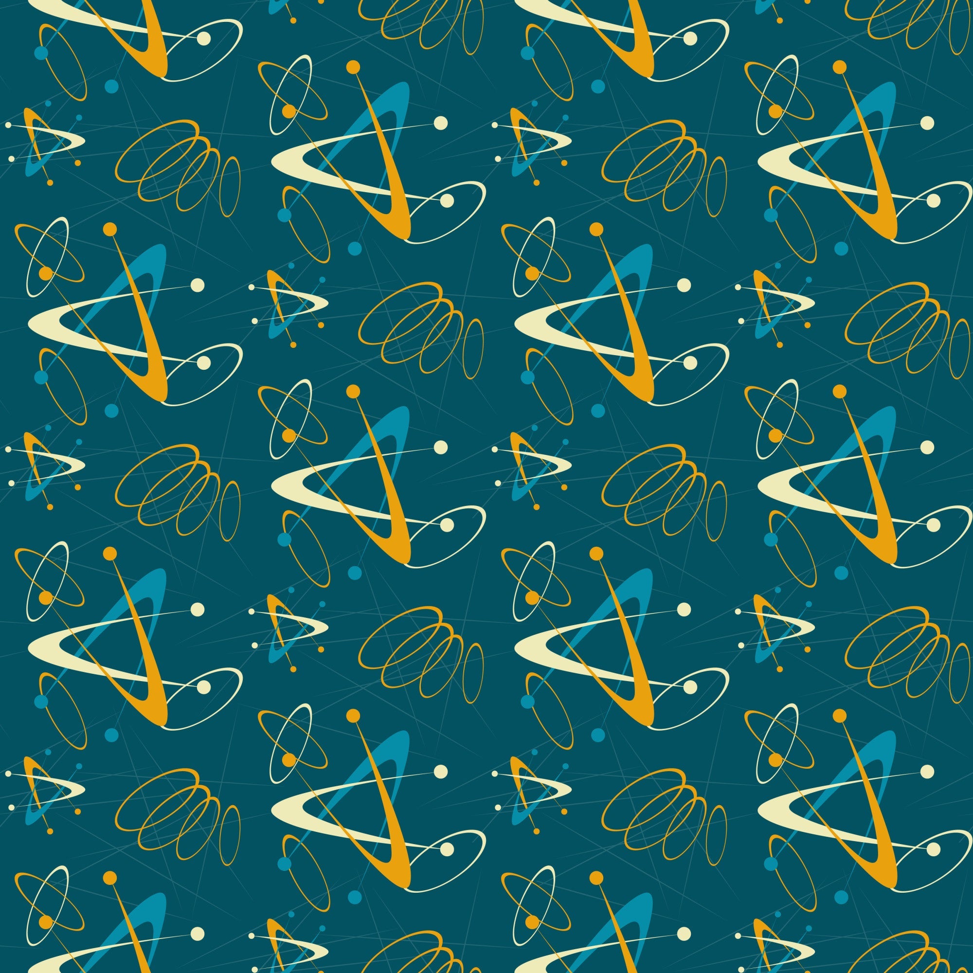 atomic pattern, starbursts, mid-century modern, retro design, teal background, orange accents, yellow dots, cream spirals, geometric shapes, orbital rings, space age, atomic symbols, boomerang shapes,, fabric panel, 1950s style, modern aesthetic, scattered motifs, turquoise blue, vintage inspired