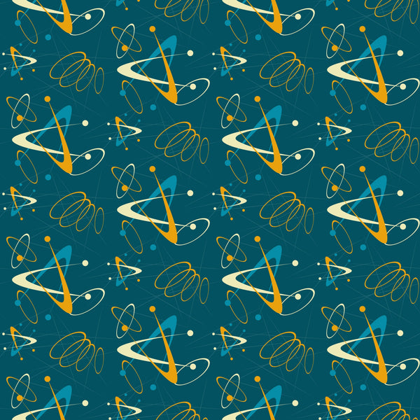 atomic pattern, starbursts, mid-century modern, retro design, teal background, orange accents, yellow dots, cream spirals, geometric shapes, orbital rings, space age, atomic symbols, boomerang shapes,, fabric panel, 1950s style, modern aesthetic, scattered motifs, turquoise blue, vintage inspired