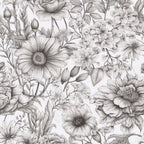 grayscale, black and white, monochrome, gray, charcoal, ivory, cream, floral, botanical, nature, vintage, elegant, traditional, delicate, detailed, line art, sketch, pen and ink, gerbera daisy, daisies, roses, peonies, flowering branches, buds, leaves, garden, spring, summer, romantic, feminine
