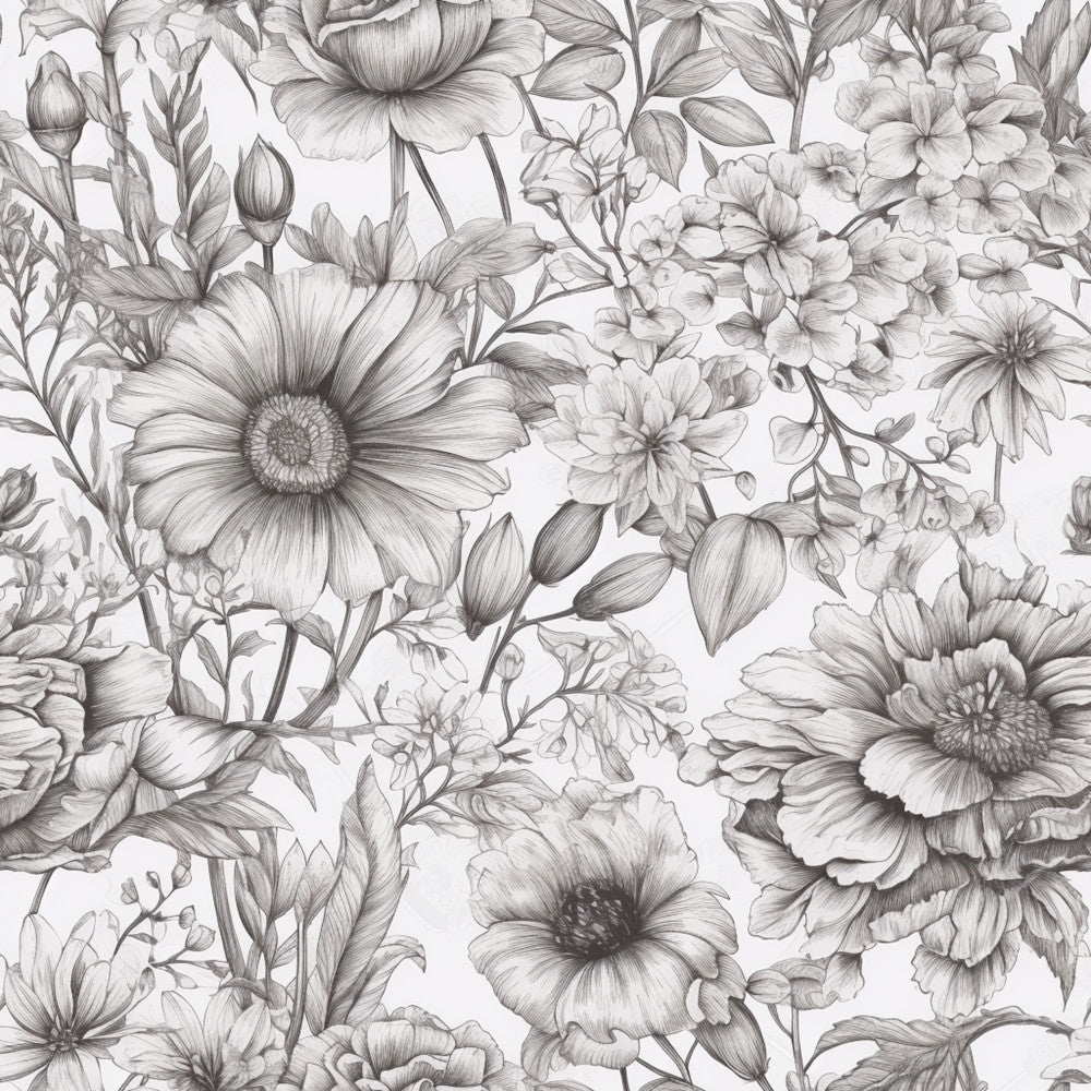 grayscale, black and white, monochrome, gray, charcoal, ivory, cream, floral, botanical, nature, vintage, elegant, traditional, delicate, detailed, line art, sketch, pen and ink, gerbera daisy, daisies, roses, peonies, flowering branches, buds, leaves, garden, spring, summer, romantic, feminine