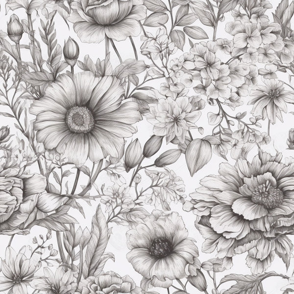 grayscale, black and white, monochrome, gray, charcoal, ivory, cream, floral, botanical, nature, vintage, elegant, traditional, delicate, detailed, line art, sketch, pen and ink, gerbera daisy, daisies, roses, peonies, flowering branches, buds, leaves, garden, spring, summer, romantic, feminine