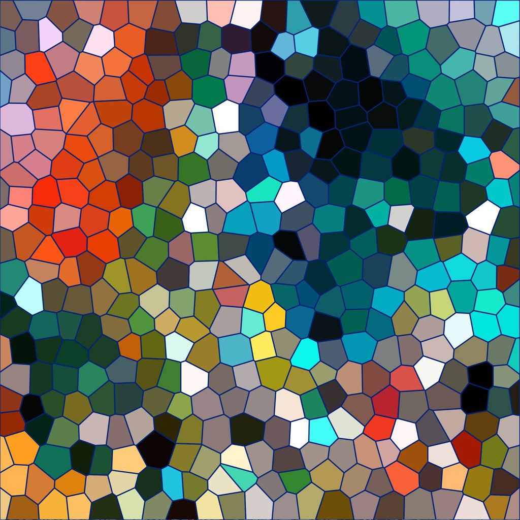 mosaic pattern, stained glass, geometric shapes, polygonal design, red, orange, blue, green, yellow, purple, teal, black, white, colorful, vibrant colors, abstract art, contemporary style,, fabric panel, kaleidoscope effect, multicolored tessellation