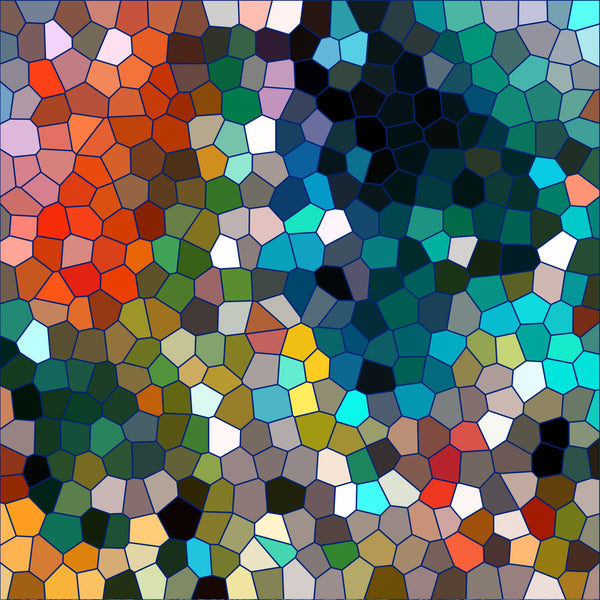 mosaic pattern, stained glass, geometric shapes, polygonal design, red, orange, blue, green, yellow, purple, teal, black, white, colorful, vibrant colors, abstract art, contemporary style,, fabric panel, kaleidoscope effect, multicolored tessellation
