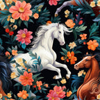 white horse, cream horse, coral pink flowers, orange flowers, yellow flowers, red flowers, pink daisies, gerbera daisies, dark teal leaves, floral pattern, horses and flowers, animal theme, nature theme, whimsical style, elegant style, vibrant colors, black background, brown horse, multicolor florals, botanical, spring, summer, kids room, playroom, nursery, adventure theme, magical theme, enchanted forest