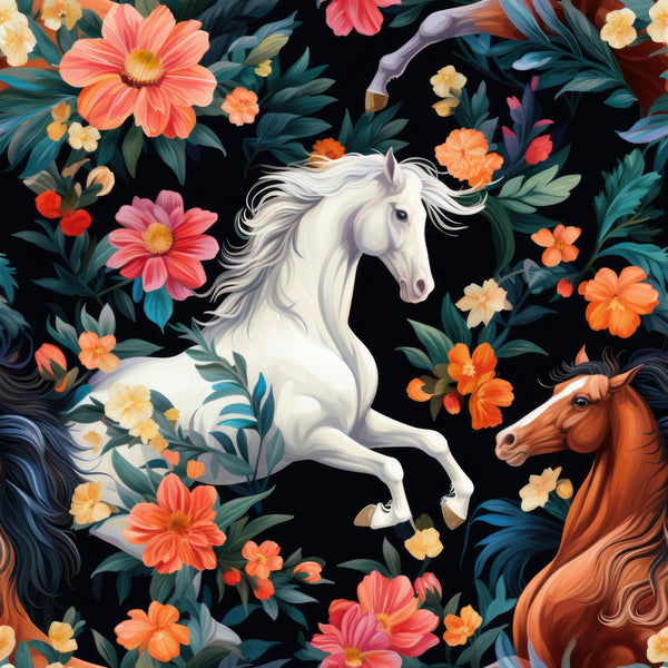 white horse, cream horse, coral pink flowers, orange flowers, yellow flowers, red flowers, pink daisies, gerbera daisies, dark teal leaves, floral pattern, horses and flowers, animal theme, nature theme, whimsical style, elegant style, vibrant colors, black background, brown horse, multicolor florals, botanical, spring, summer, kids room, playroom, nursery, adventure theme, magical theme, enchanted forest