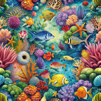 coral reef, tropical fish, sea anemones, starfish, ocean life, underwater scene, vibrant colors, turquoise blue, orange coral, purple sea fans, yellow fish, colorful marine life, aquatic pattern,, fabric panel, sea creatures, reef fish, ocean flora, tropical waters, marine ecosystem