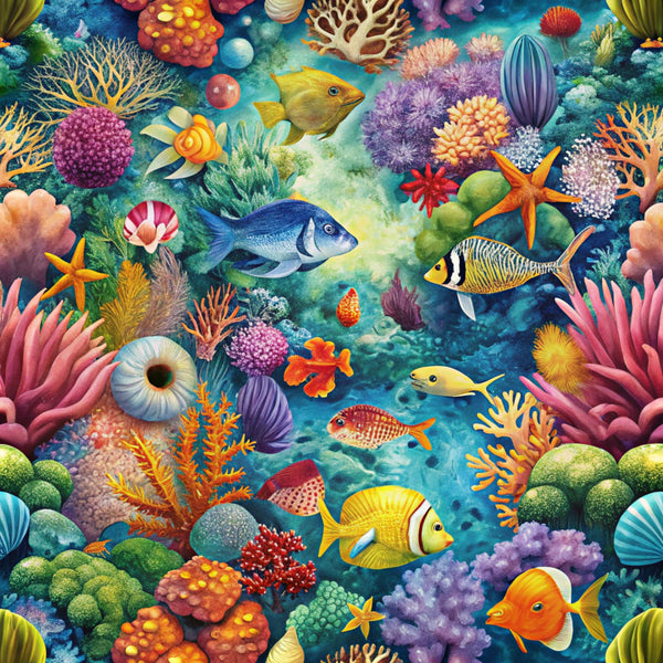 coral reef, tropical fish, sea anemones, starfish, ocean life, underwater scene, vibrant colors, turquoise blue, orange coral, purple sea fans, yellow fish, colorful marine life, aquatic pattern,, fabric panel, sea creatures, reef fish, ocean flora, tropical waters, marine ecosystem