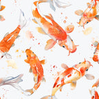 watercolor fish, koi fish, orange fish, coral colors, peach tones, white background, swimming fish, aquatic pattern, flowing fins, fish scales, watercolor splashes, soft pastels, artistic brushstrokes,, fabric panel, serene mood, flowing movement, delicate details, fish pond, graceful swimming