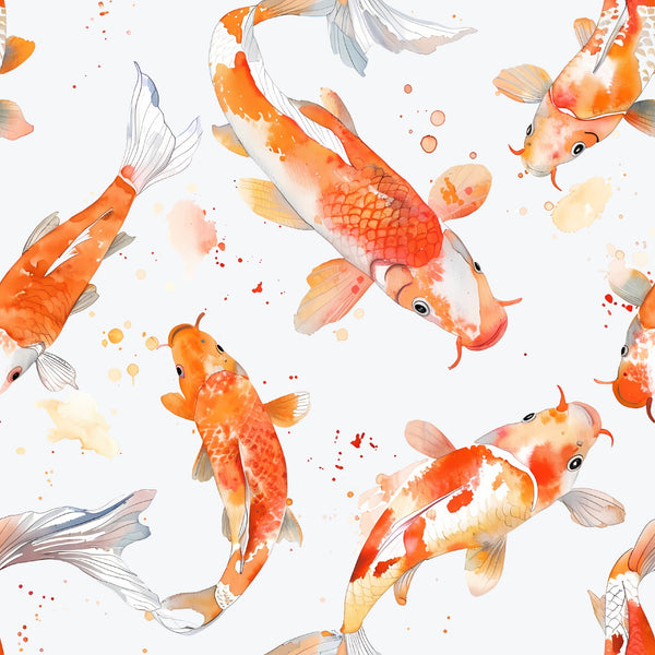 watercolor fish, koi fish, orange fish, coral colors, peach tones, white background, swimming fish, aquatic pattern, flowing fins, fish scales, watercolor splashes, soft pastels, artistic brushstrokes,, fabric panel, serene mood, flowing movement, delicate details, fish pond, graceful swimming
