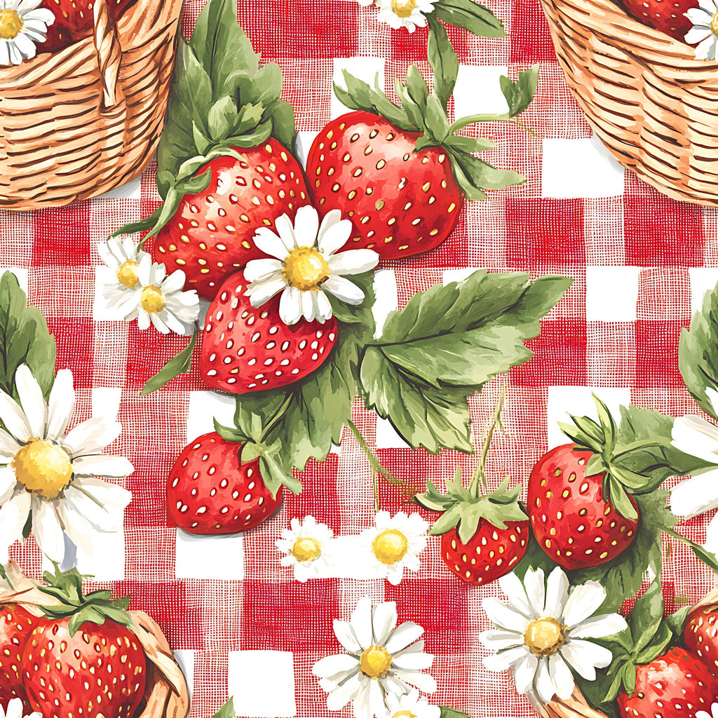 strawberry pattern, red gingham, white daisies, wicker baskets,, summer fruits, picnic theme, botanical design, red and white, checkered background, floral elements, cottage core, rustic style, food illustration, green leaves, yellow centers, fabric panel, country aesthetic, vintage inspired, cheerful mood