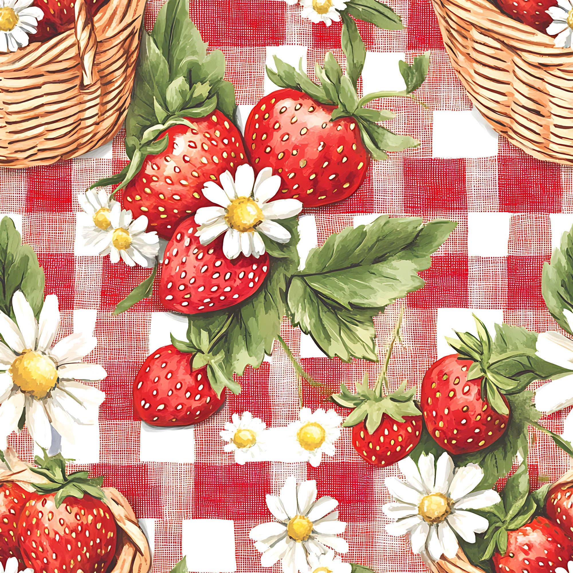 strawberry pattern, red gingham, white daisies, wicker baskets,, summer fruits, picnic theme, botanical design, red and white, checkered background, floral elements, cottage core, rustic style, food illustration, green leaves, yellow centers, fabric panel, country aesthetic, vintage inspired, cheerful mood