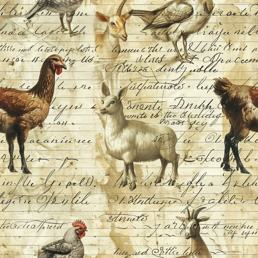cream, beige, brown, sepia tones, farm animals, chickens, roosters, goats, birds, vintage illustrations, cursive script, handwritten text, aged paper, rustic style, country theme, pastoral scenes,, fabric panel, antique aesthetic, farmhouse motif