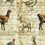 cream, beige, brown, sepia tones, farm animals, chickens, roosters, goats, birds, vintage illustrations, cursive script, handwritten text, aged paper, rustic style, country theme, pastoral scenes,, fabric panel, antique aesthetic, farmhouse motif