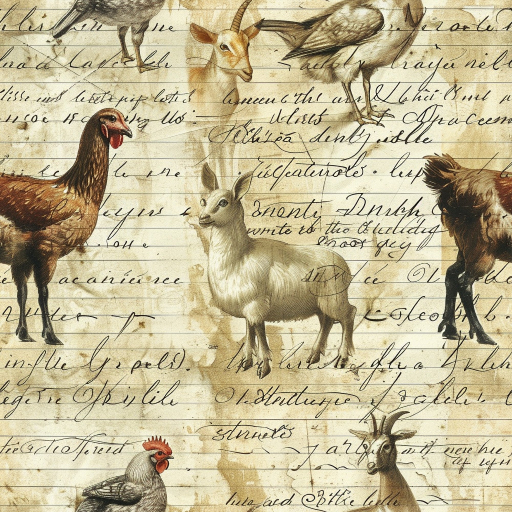 cream, beige, brown, sepia tones, farm animals, chickens, roosters, goats, birds, vintage illustrations, cursive script, handwritten text, aged paper, rustic style, country theme, pastoral scenes,, fabric panel, antique aesthetic, farmhouse motif