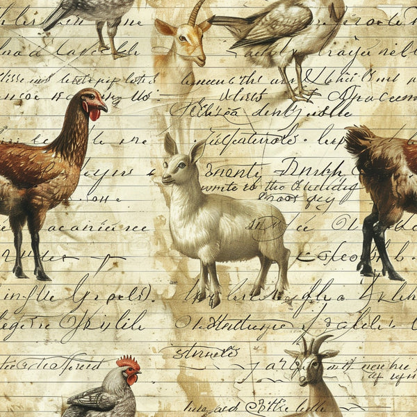 cream, beige, brown, sepia tones, farm animals, chickens, roosters, goats, birds, vintage illustrations, cursive script, handwritten text, aged paper, rustic style, country theme, pastoral scenes,, fabric panel, antique aesthetic, farmhouse motif
