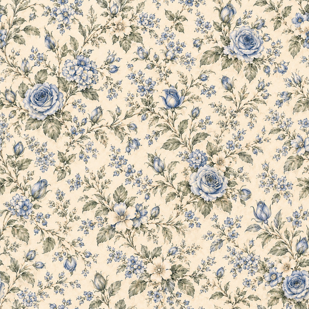 cream floral, blue roses, vintage floral, botanical, sage green, periwinkle blue, romantic, traditional, cottage core, delicate flowers, rose buds, spring, garden theme, elegant, classic, nature inspired, small florals, multi-floral, country style, timeless, blue and cream, green leaves, flowering branches, dainty, feminine, heirloom, nostalgic, traditional floral