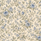 cream floral, blue roses, vintage floral, botanical, sage green, periwinkle blue, romantic, traditional, cottage core, delicate flowers, rose buds, spring, garden theme, elegant, classic, nature inspired, small florals, multi-floral, country style, timeless, blue and cream, green leaves, flowering branches, dainty, feminine, heirloom, nostalgic, traditional floral
