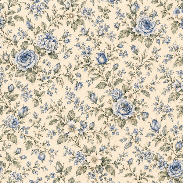 cream floral, blue roses, vintage floral, botanical, sage green, periwinkle blue, romantic, traditional, cottage core, delicate flowers, rose buds, spring, garden theme, elegant, classic, nature inspired, small florals, multi-floral, country style, timeless, blue and cream, green leaves, flowering branches, dainty, feminine, heirloom, nostalgic, traditional floral
