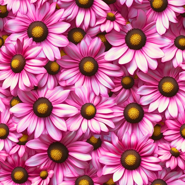 pink flowers, magenta petals, yellow centers, daisy pattern, floral design, realistic flowers, botanical print,, fabric panel, bright colors, garden flowers, densely packed, vibrant pink, golden yellow, nature motif, spring flowers, cheerful mood, feminine colors, craft fabric, sewing material