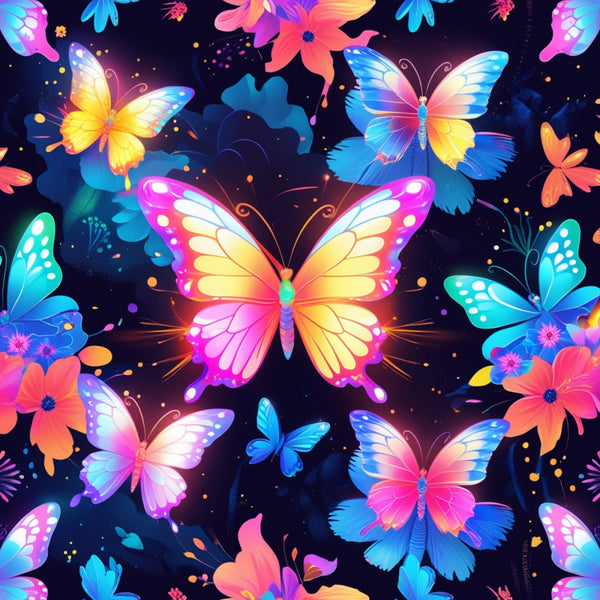 butterflies, fantasy pattern, vibrant colors, neon pink, electric blue, bright yellow, coral orange, purple accents, tropical flowers, luminous wings, magical glow, night sky background,, fabric panel, whimsical design, enchanted garden, glowing effects, colorful florals, dreamy atmosphere, craft fabric