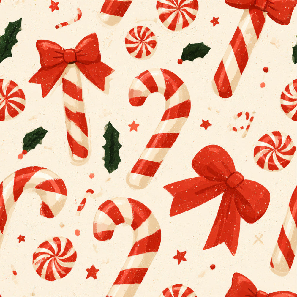 red and white candy cane, peppermint, holly, red bow, red star, festive, christmas, holiday, candy, swirl, striped, whimsical, cheerful, vintage, traditional, retro, kids, children, playroom, nursery, cream, crimson red, forest green, peppermint swirl, candy cane stripe, christmas decoration, seasonal, jolly, classic holiday