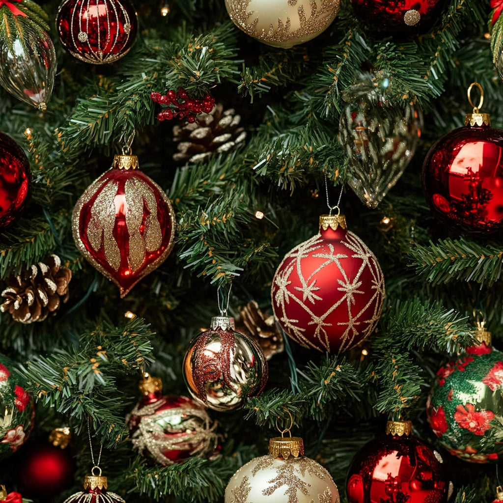 christmas ornaments, red ornaments, gold ornaments, silver ornaments, pine needles, evergreen branches, pinecones, realistic photography, festive pattern, holiday fabric,, fabric panel, shiny baubles, decorative balls, christmas tree, seasonal print, winter theme, metallic accents, burgundy, crimson