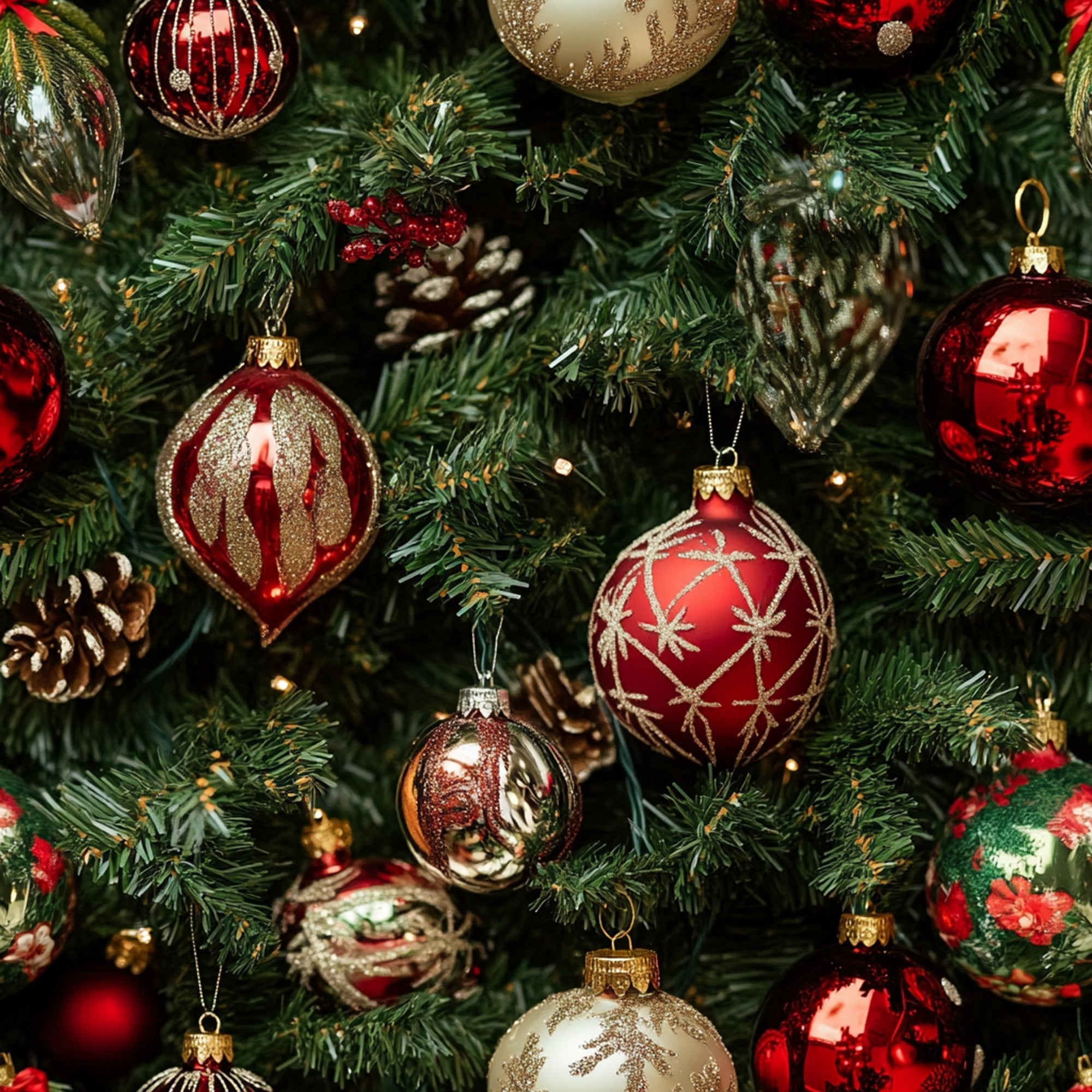 christmas ornaments, red ornaments, gold ornaments, silver ornaments, pine needles, evergreen branches, pinecones, realistic photography, festive pattern, holiday fabric,, fabric panel, shiny baubles, decorative balls, christmas tree, seasonal print, winter theme, metallic accents, burgundy, crimson