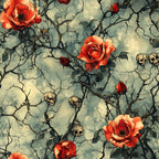 coral roses, red flowers, human skulls, thorny vines, cracked stone, gothic pattern, dark branches, orange blooms, weathered texture, macabre design,, fabric panel, spooky floral, halloween theme, aged background, botanical skulls, rose brambles, eerie atmosphere, horror motif