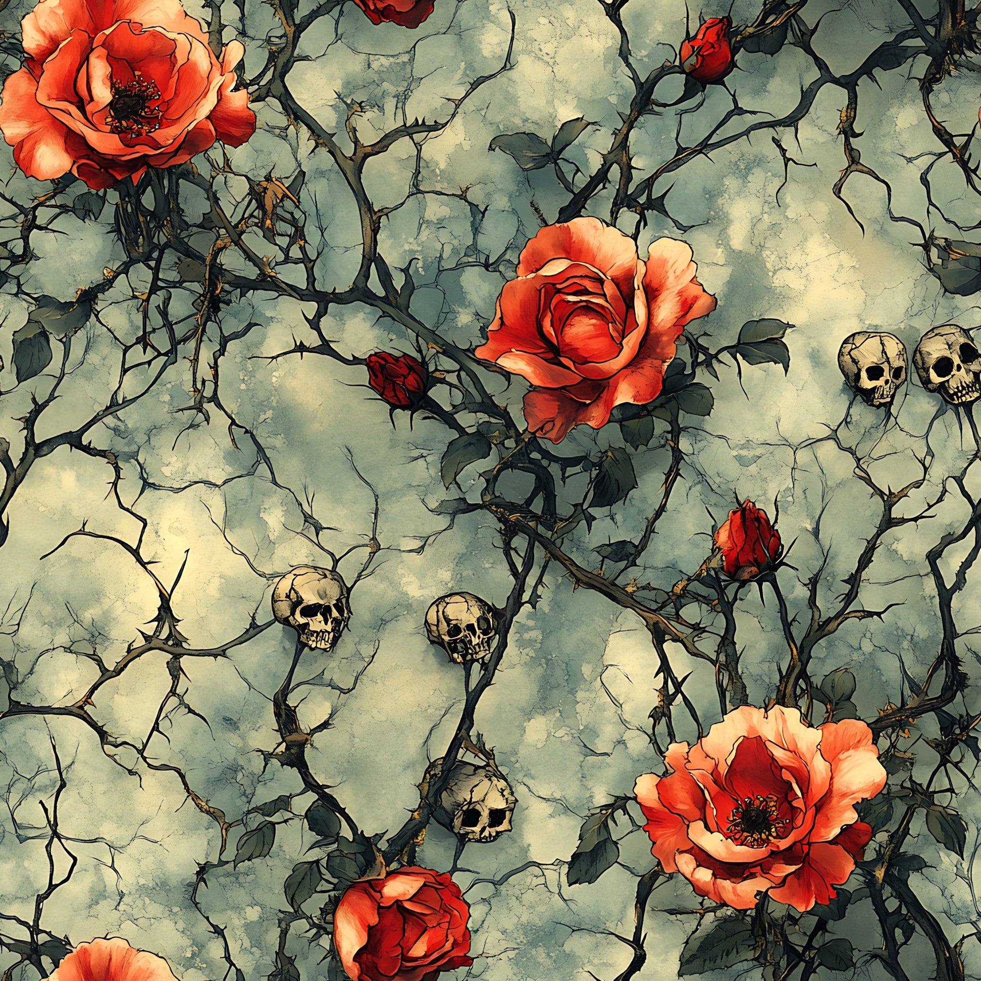 coral roses, red flowers, human skulls, thorny vines, cracked stone, gothic pattern, dark branches, orange blooms, weathered texture, macabre design,, fabric panel, spooky floral, halloween theme, aged background, botanical skulls, rose brambles, eerie atmosphere, horror motif