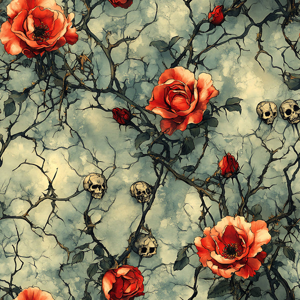coral roses, red flowers, human skulls, thorny vines, cracked stone, gothic pattern, dark branches, orange blooms, weathered texture, macabre design,, fabric panel, spooky floral, halloween theme, aged background, botanical skulls, rose brambles, eerie atmosphere, horror motif