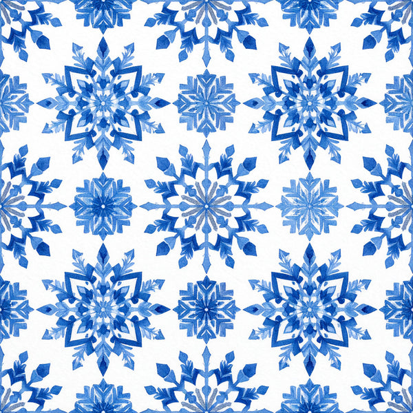 royal blue, cornflower blue, light blue, white, snowflake, geometric, winter, holiday, christmas, frozen, ice crystal, mandala, symmetrical, elegant, traditional, modern, celestial, decorative, intricate, detailed, seasonal, cold weather, frost, icy blue, star pattern, crystalline, festive, home decor
