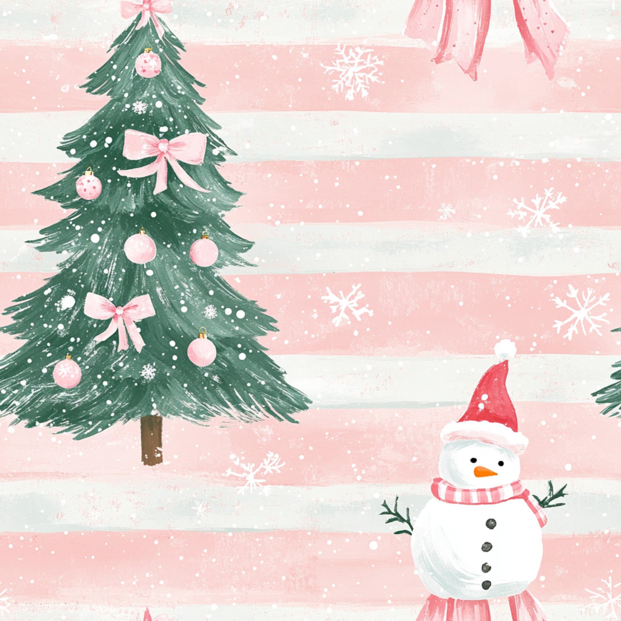 sweet pink, pale pink, blush pink, coral pink, white stripes, christmas tree, green evergreen, snowman, red santa hat, pink bows, ornaments, baubles, snowflakes, winter scene, holiday motif,, fabric panel, whimsical style, festive design, christmas decor, seasonal pattern, soft pastels, winter wonderland