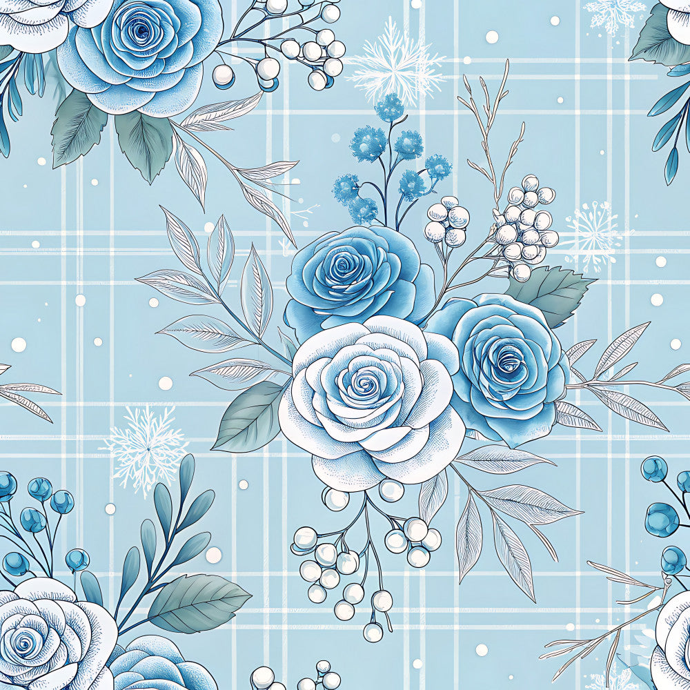 ice blue, sky blue, light blue, white, cream, dusty blue, soft blue, floral, roses, winter florals, snowflakes, berries, botanical, leaves, branches, plaid background, checkered, elegant, classic, vintage, winter, christmas, holiday, frosty, frozen, nature-inspired, romantic, feminine, delicate, traditional