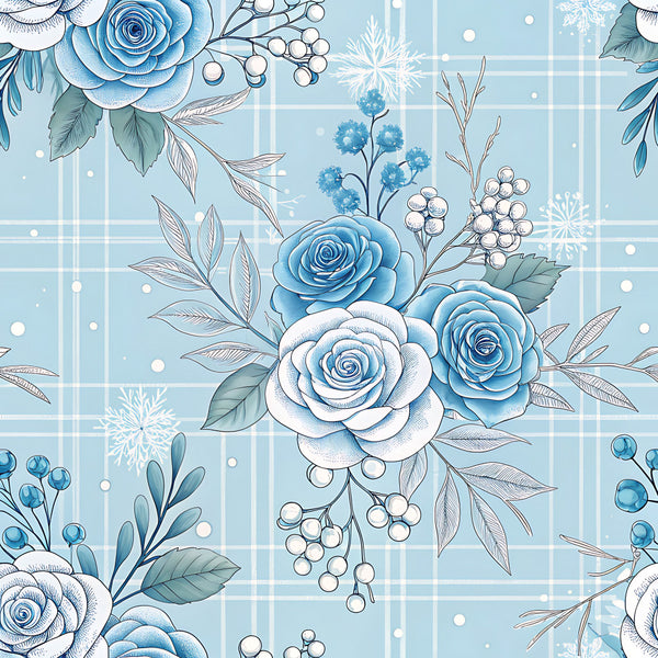 ice blue, sky blue, light blue, white, cream, dusty blue, soft blue, floral, roses, winter florals, snowflakes, berries, botanical, leaves, branches, plaid background, checkered, elegant, classic, vintage, winter, christmas, holiday, frosty, frozen, nature-inspired, romantic, feminine, delicate, traditional