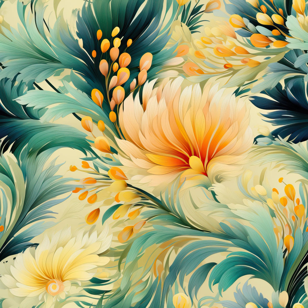 tropical flowers, hibiscus blooms, teal green, coral orange, cream petals, golden yellow, flowing petals, botanical pattern, large scale floral, tropical leaves, warm autumn colors,, fabric panel, painterly style, lush foliage, exotic blooms, seamless repeat, nature motif, tropical paradise