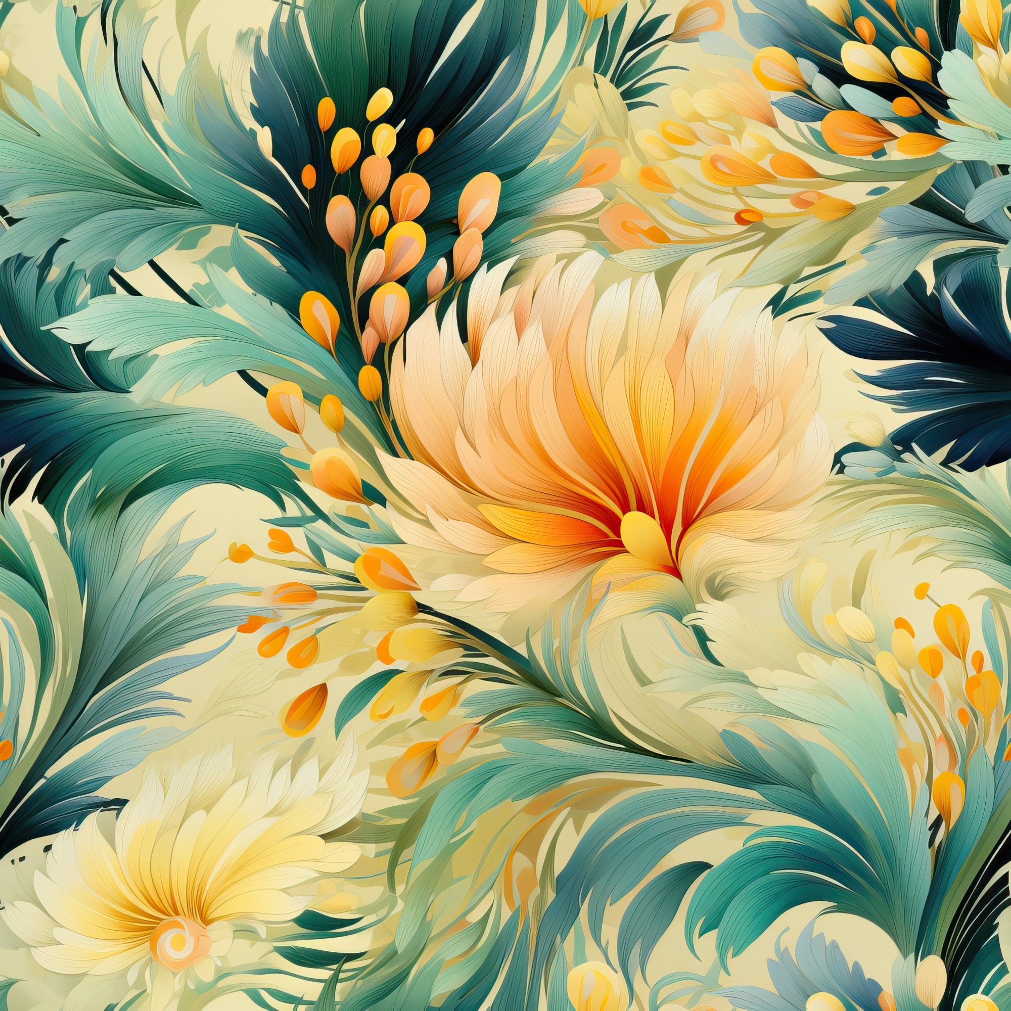 tropical flowers, hibiscus blooms, teal green, coral orange, cream petals, golden yellow, flowing petals, botanical pattern, large scale floral, tropical leaves, warm autumn colors,, fabric panel, painterly style, lush foliage, exotic blooms, seamless repeat, nature motif, tropical paradise