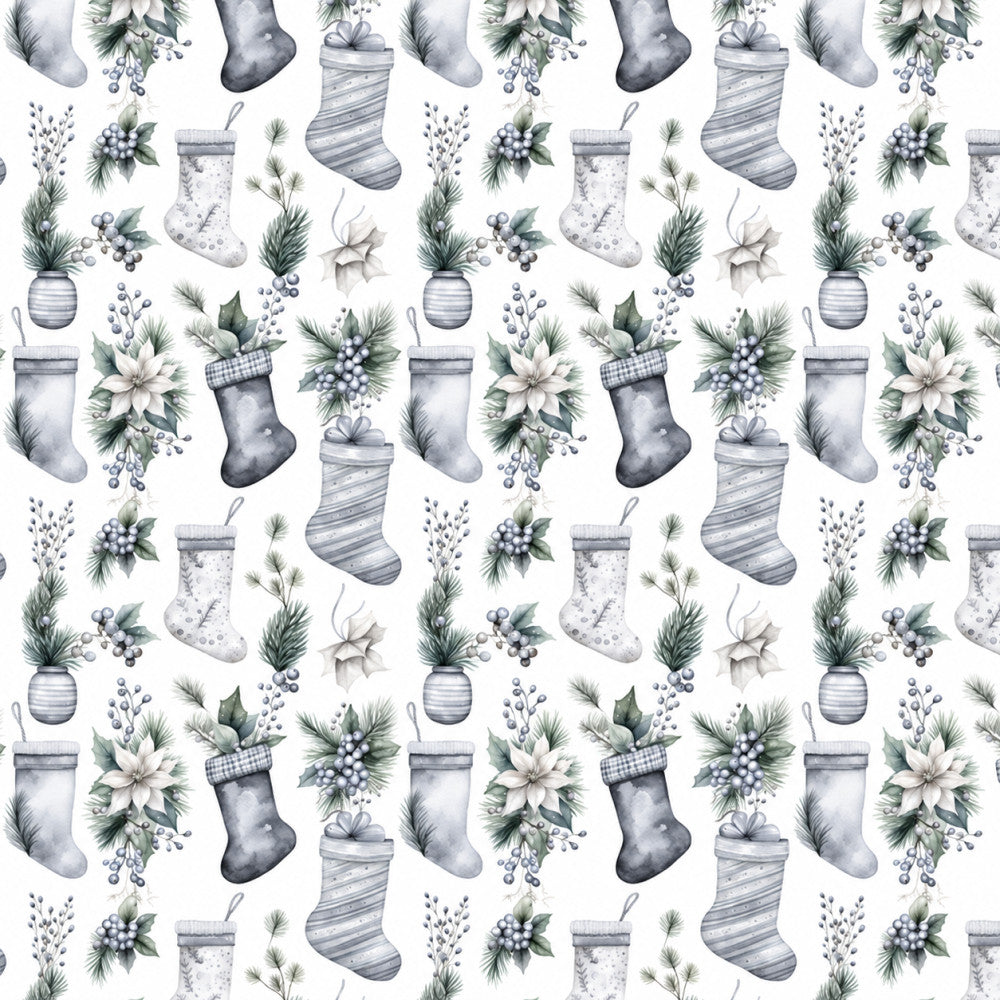 gray, white, cream, sage green, dusty blue, silver, christmas, holiday, winter, festive, stockings, poinsettia, evergreen, berries, floral, botanical, elegant, traditional, vintage, nature, seasonal, gift, home decor, decorative, pine branches, white flowers, ball ornaments, striped stockings, plaid, classic