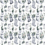 gray, white, cream, sage green, dusty blue, silver, christmas, holiday, winter, festive, stockings, poinsettia, evergreen, berries, floral, botanical, elegant, traditional, vintage, nature, seasonal, gift, home decor, decorative, pine branches, white flowers, ball ornaments, striped stockings, plaid, classic