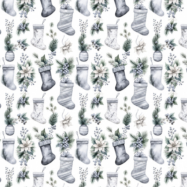 gray, white, cream, sage green, dusty blue, silver, christmas, holiday, winter, festive, stockings, poinsettia, evergreen, berries, floral, botanical, elegant, traditional, vintage, nature, seasonal, gift, home decor, decorative, pine branches, white flowers, ball ornaments, striped stockings, plaid, classic