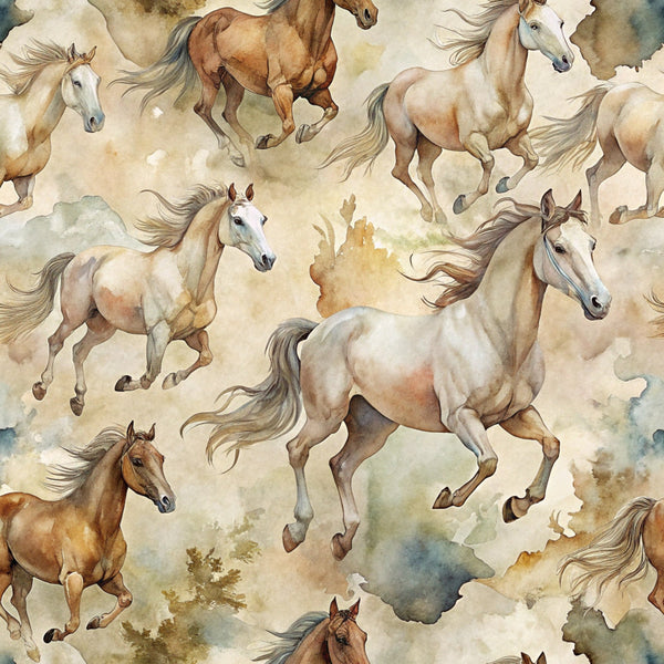 wild horses, galloping horses, watercolor style, beige tones, cream background, brown horses, tan colors, earth tones, flowing manes, dynamic movement, equestrian theme, horse pattern,, fabric panel, artistic watercolor, running horses, natural colors, soft palette, western theme, animal motif