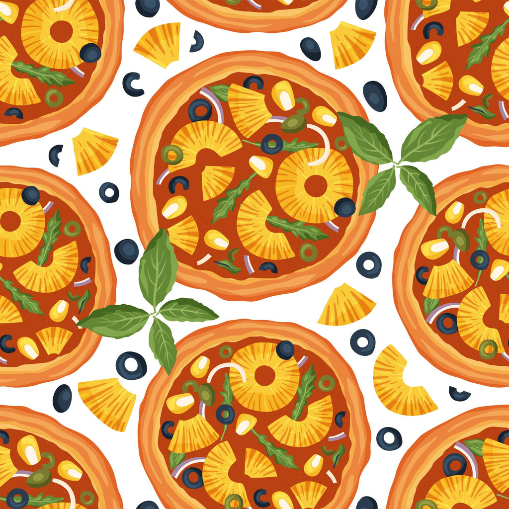 pizza pattern,, orange, yellow, green, red, white, pineapple slices, olives, basil leaves, cheese, pepperoni, food illustration, italian cuisine, seamless repeat, bright colors, kitchen theme, culinary design, fabric panel, cartoon style