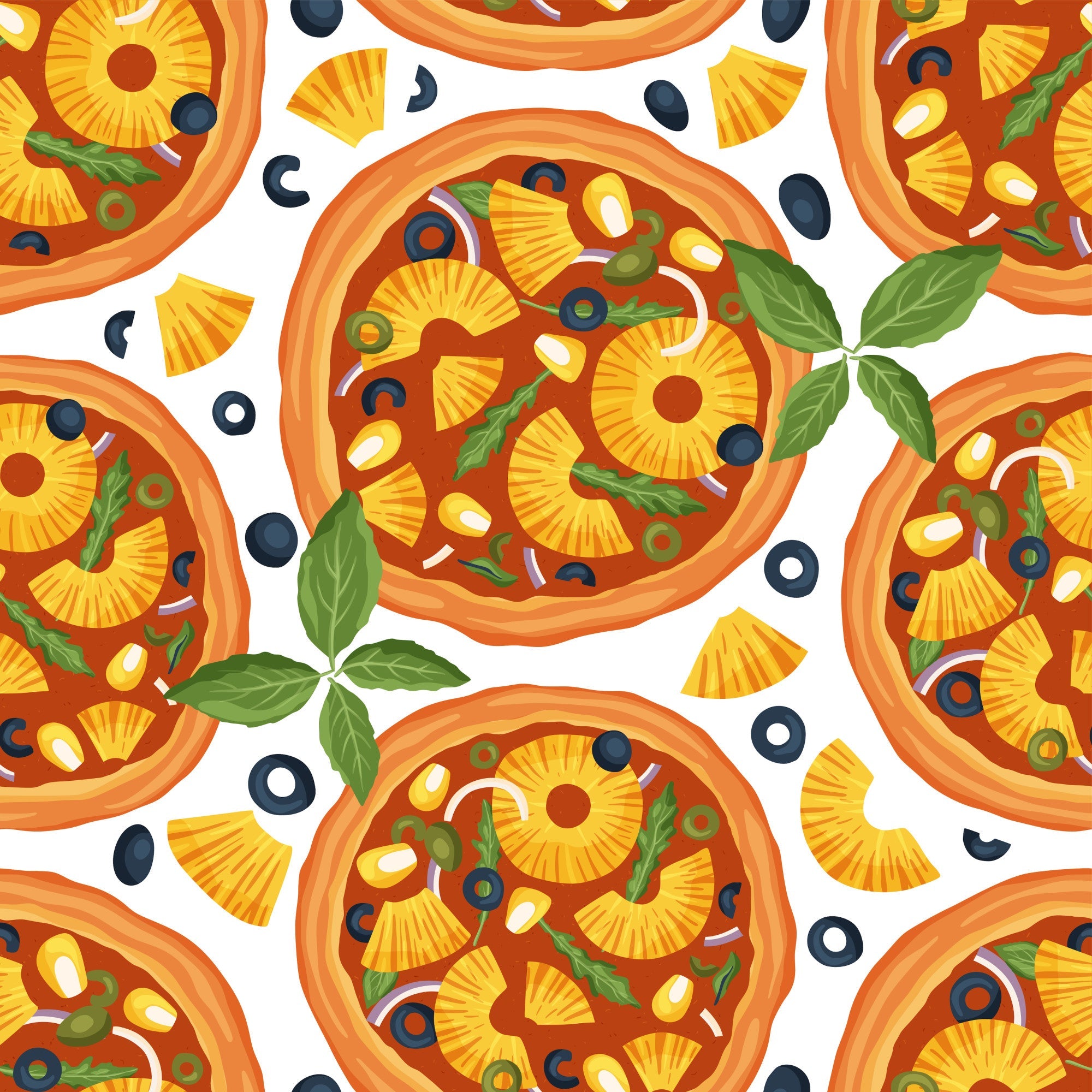 pizza pattern,, orange, yellow, green, red, white, pineapple slices, olives, basil leaves, cheese, pepperoni, food illustration, italian cuisine, seamless repeat, bright colors, kitchen theme, culinary design, fabric panel, cartoon style