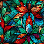 stained glass, christmas pattern,, fabric panel, floral motifs, poinsettia flowers, red petals, green leaves, blue accents, orange hues, turquoise, purple tones, geometric sections, lead lines, mosaic style, holiday fabric, festive colors, botanical design, decorative panel, vibrant colors